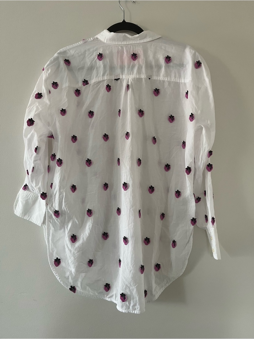Anthropologie White Pink Strawberry Embroidered Button Down Top Small Cottage - Picture 5 of 7